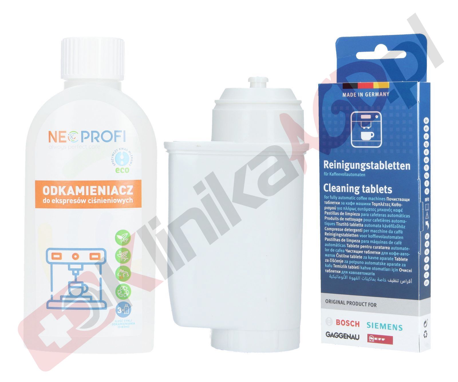Zestaw ▶ konserwujący | Odkamieniacz 250ml, filtr wody, tabletki czyszczące 10szt. do ekspresu do kawy
