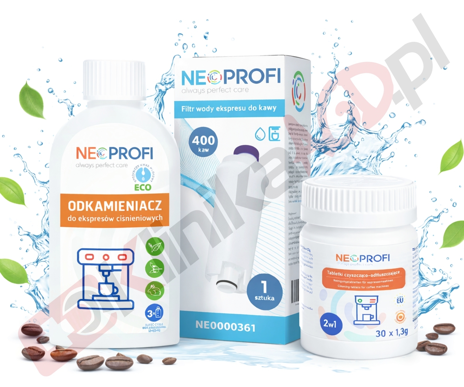 Zestaw ▶ konserwujący | Tabletki czyszczące 30x1,3g, odkamieniacz 250ml, filtr wody do ekspresu do kawy