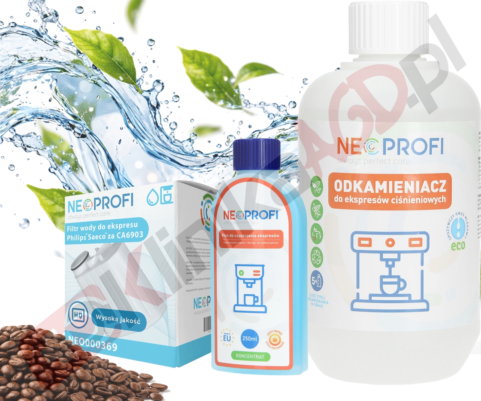 Zestaw ▶ konserwujący | Płyn czyszczący 250ml, odkamieniacz 500ml, filtr wody do ekspresu do kawy