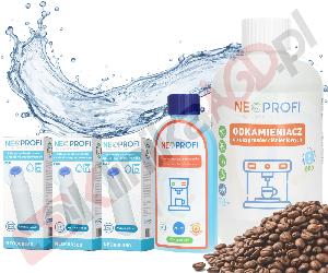 Zestaw ▶ konserwujący | Płyn czyszczący 250ml, odkamieniacz 500ml, 3x filtr wody do ekspresu do kawy