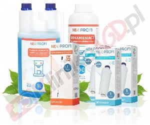 Zestaw ▶ konserwujący | Środek czyszczący przewody mleka 1L, odkamieniacz 1L, 3x filtr wody, wycior do ekspresu do kawy