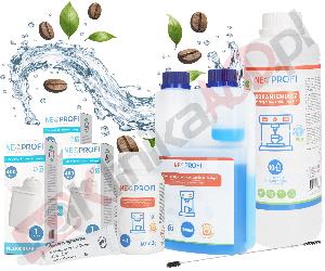Zestaw ▶ konserwujący | Środek czyszczący przewody mleka 500ml, odkamieniacz 1000ml, tabletki czyszczące 60x2g, 3x filtr wody, wycior, smar do ekspresu do kawy