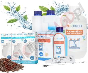 Zestaw ▶ konserwujący | Środek czyszczący przewody mleka 500ml, odkamieniacz 500ml, środek czyszczący 250ml, 3x filtr wody, wycior, smar do ekspresu do kawy