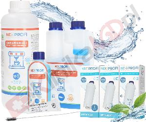 Zestaw ▶ konserwujący | Środek czyszczący przewody mleka 500ml, odkamieniacz 1000ml, środek czyszczący 250ml, 3x filtr wody, wycior, smar do ekspresu do kawy