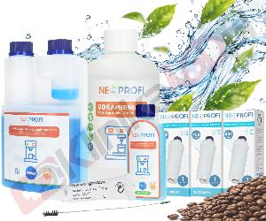 Zestaw ▶ konserwujący | Środek czyszczący przewody mleka 500ml, odkamieniacz 500ml, środek czyszczący 250ml, 3x filtr wody, wycior, smar do ekspresu do kawy