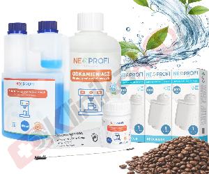 Zestaw ▶ konserwujący | Środek czyszczący przewody mleka 500ml, odkamieniacz 500ml, tabletki czyszczące 30x1,3g, 3x filtr wody, wycior, smar do ekspresu do kawy