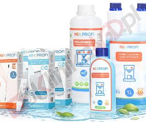 Zestaw ▶ konserwujący | Środek czyszczący przewody mleka 1L, odkamieniacz 1L, płyn czyszczący 250ml, 3x filtr wody, wycior, smar do ekspresu do kawy