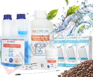 Zestaw ▶ konserwujący | Środek czyszczący przewody mleka 500ml, odkamieniacz 500ml, tabletki czyszczące 30x1,3g, 3x filtr wody, wycior, smar