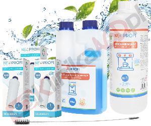 Zestaw ▶ konserwujący | Środek czyszczący przewody mleka 500ml, odkamieniacz 1000ml, 3x filtr wody, wycior