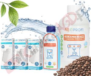 Zestaw ▶ konserwujący | Płyn czyszczący 250ml, odkamieniacz 500ml, 3x filtr wody do ekspresu do kawy