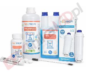 Zestaw ▶ konserwujący | Środek czyszczący przewody mleka 1L, odkamieniacz 1L, tabletki czyszczące 100x1,3g, 3x filtr wody, wycior, smar do ekspresu do kawy