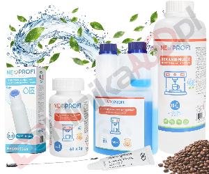Zestaw ▶ konserwujący | Środek czyszczący przewody mleka 500ml, odkamieniacz 1000ml, tabletki czyszczące 60x2g, 3x filtr wody, wycior, smar do ekspresu do kawy