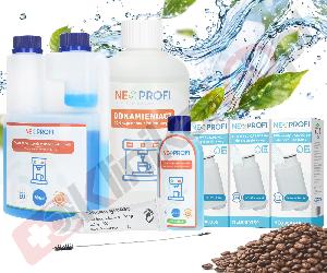 Zestaw ▶ konserwujący | Środek czyszczący przewody mleka 500ml, odkamieniacz 500ml, środek czyszczący 250ml, 3x filtr wody, wycior, smar