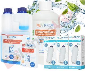 Zestaw ▶ konserwujący | Środek czyszczący przewody mleka 500ml, odkamieniacz 500ml, tabletki czyszczące 10x2g, 3x filtr wody do ekspresu do kawy