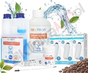 Zestaw ▶ konserwujący | Środek czyszczący przewody mleka 500ml, odkamieniacz 500ml, tabletki czyszczące 30x1,3g, 3x filtr wody, wycior, smar do ekspresu do kawy